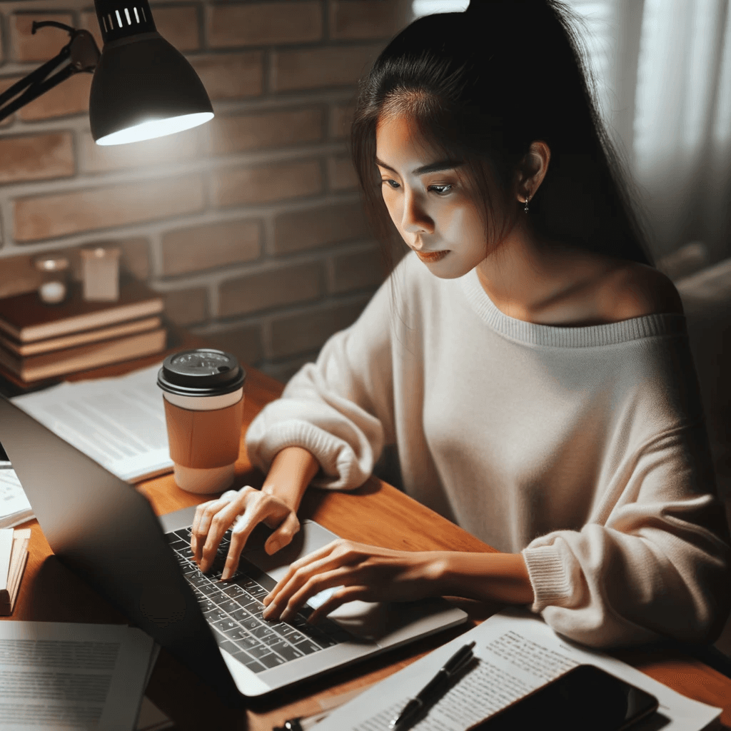 asian girl writing article on laptop