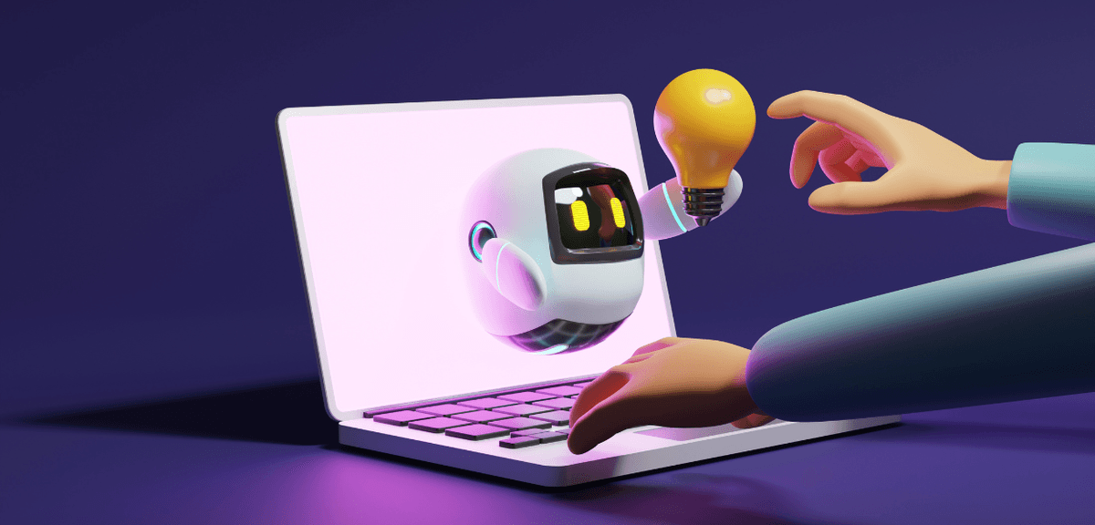 ai robot holding light bulb giving human an idea