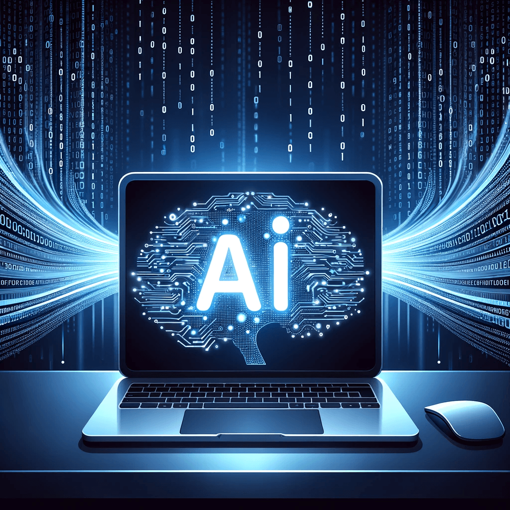 Vector graphic of a sleek laptop on a desk, with an AI logo glowing on its screen