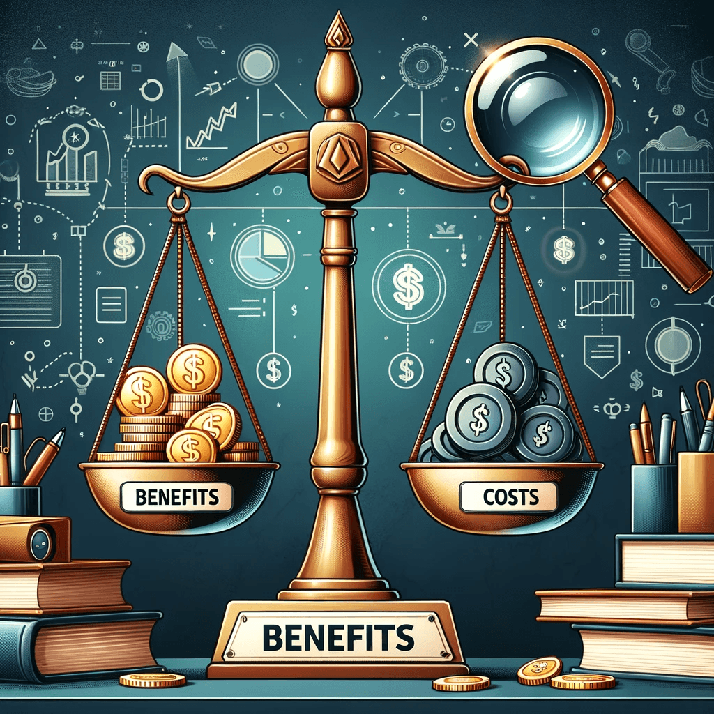 Illustration of a balanced scale set against a sophisticated study backdrop with books and analytical tools
