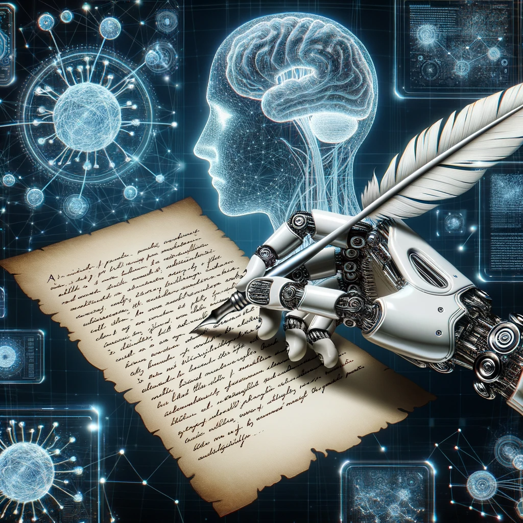 Drawing of a robotic hand holding a quill pen, writing a paragraph on a piece of parchment