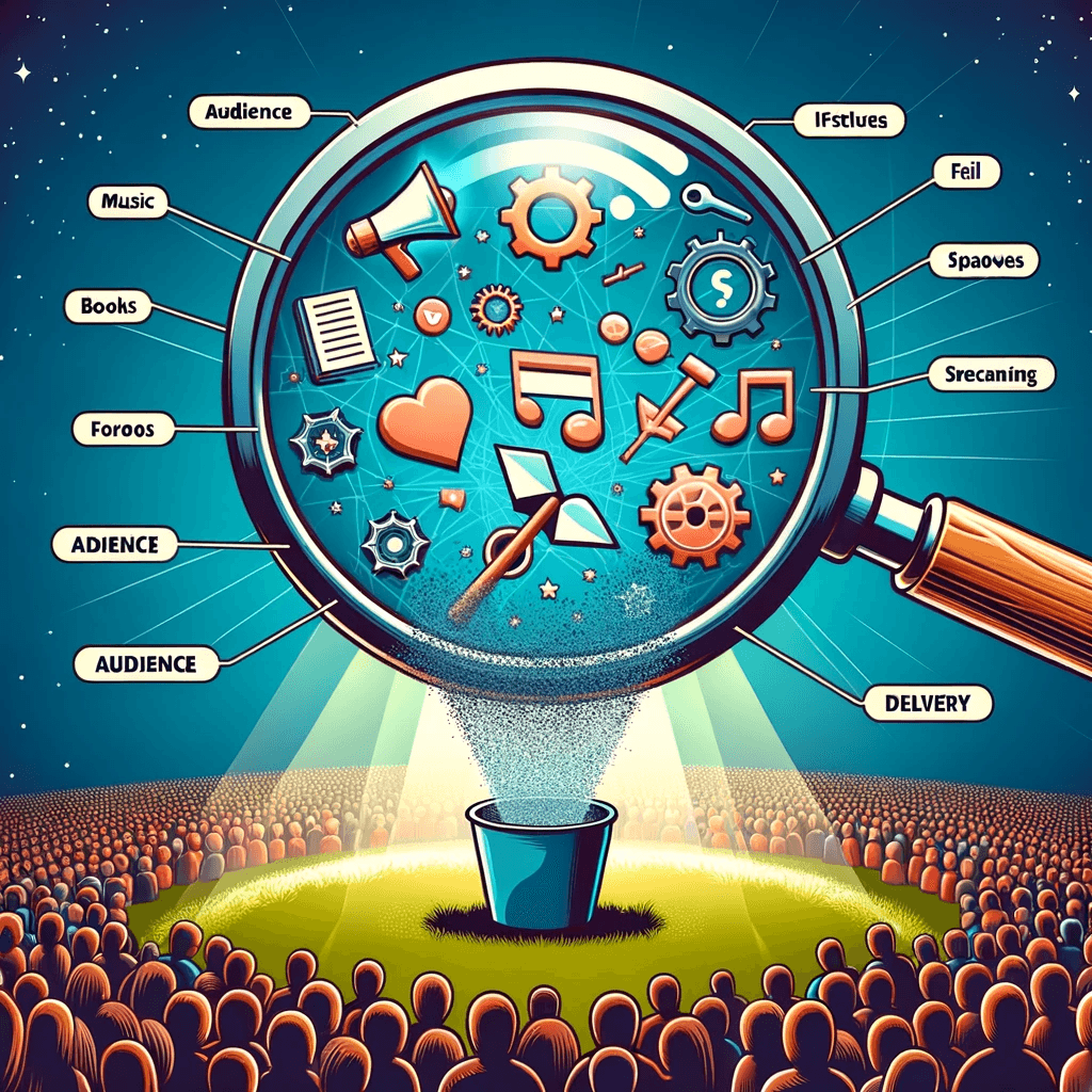 Illustration of a giant magnifying glass focusing on a vast digital landscape Beneath the magnifying glass