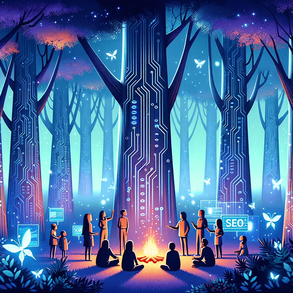 Illustration of a dense digital woodland bathed in soft blue and purple hues Tall, ancient trees with circuitry patterns stand majestically