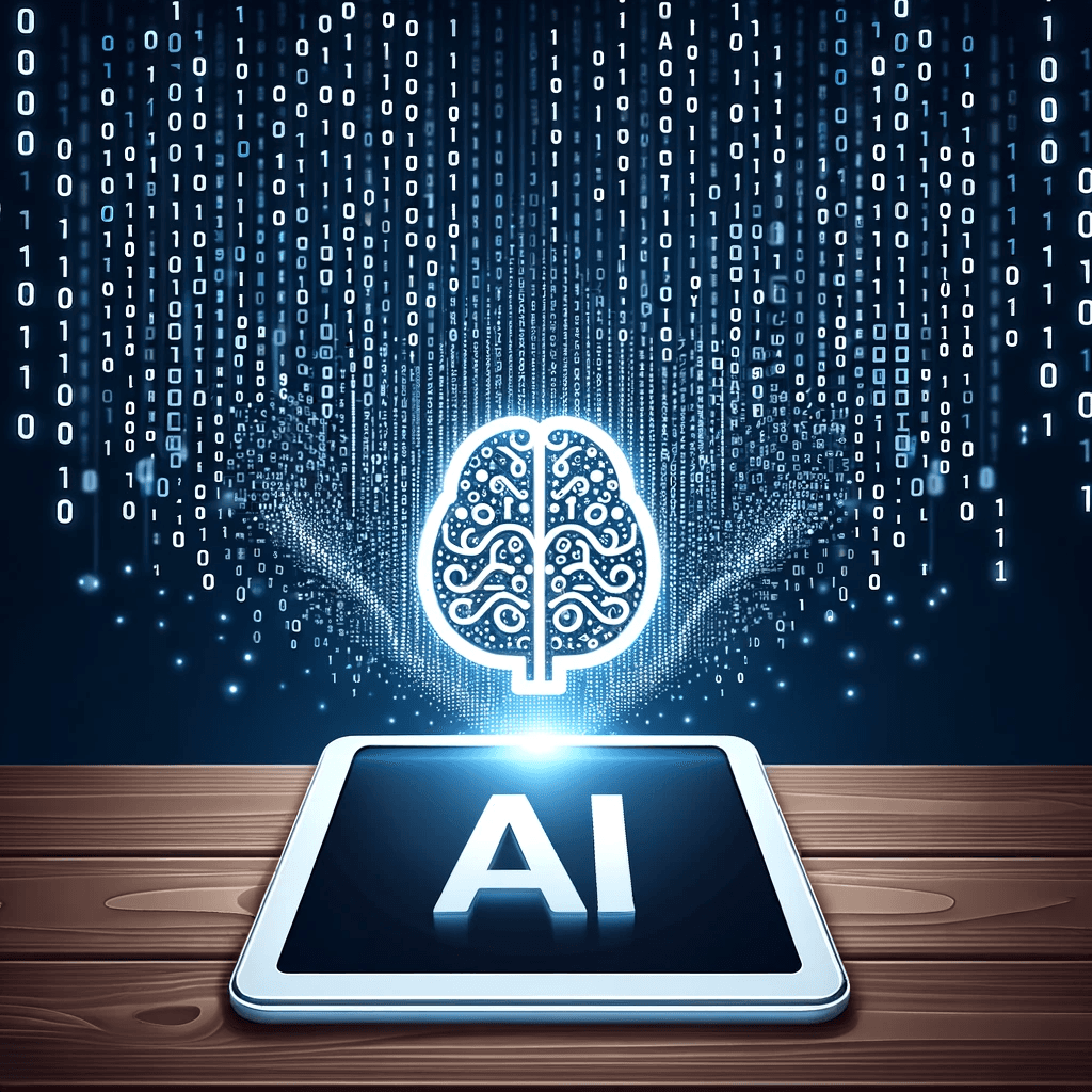 Vector graphic of a modern tablet on a wooden table, its screen displaying an AI emblem