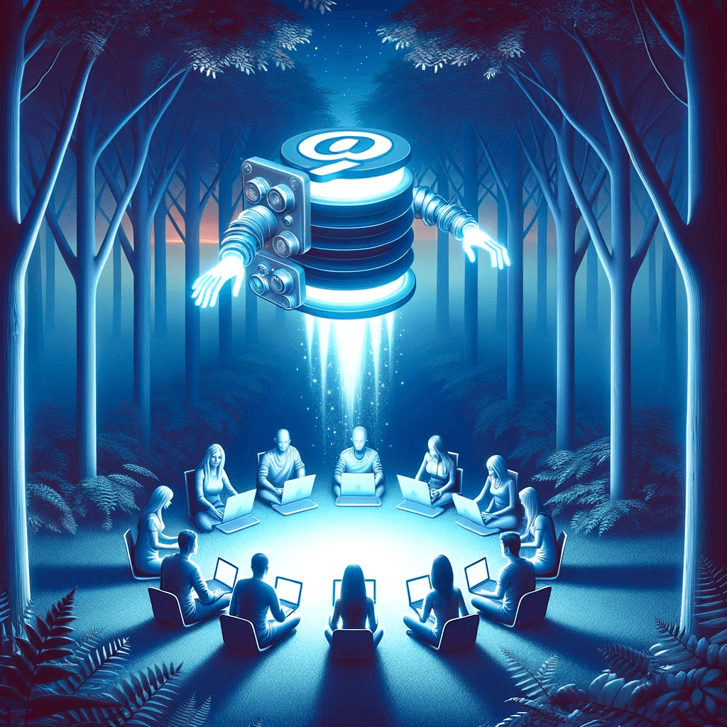 Illustration of a serene digital forest clearing bathed in twilight Content creators of different descents sit in a circle, each holding a blog post
