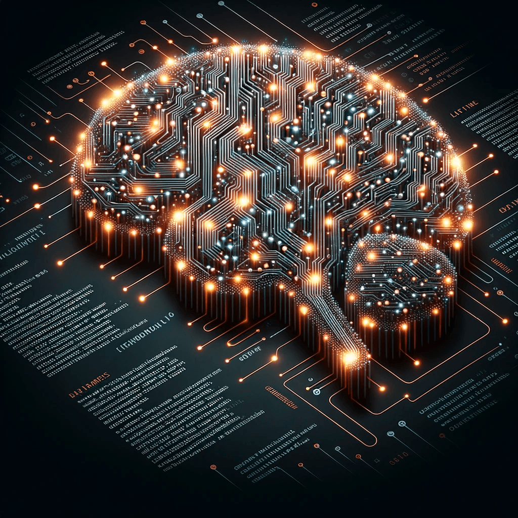 Illustration of a stylized brain made up of digital circuits and glowing nodes, with lines of code flowing out from it, forming paragraphs
