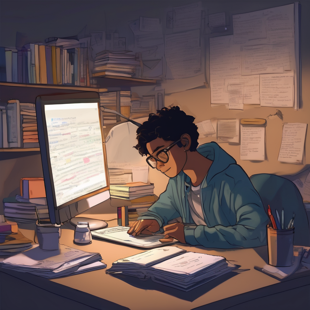 illustration of a student up late at night working on an essay