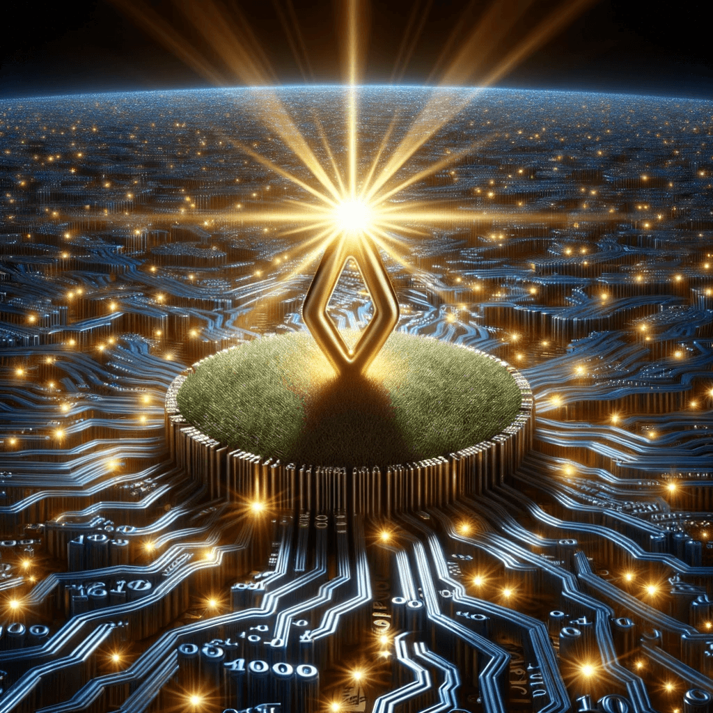Photo of a vast, sprawling digital landscape made up of intertwining circuits and binary codes