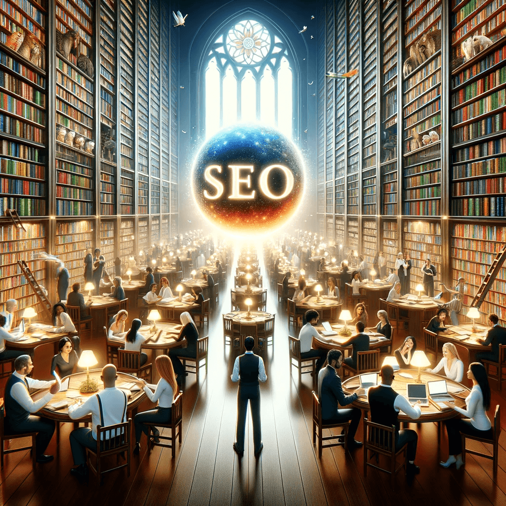 Photo of a grand library with towering bookshelves filled with books, each representing different pieces of digital content