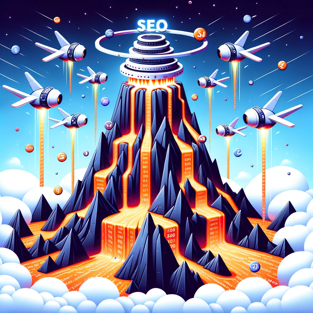Illustration of a digital volcano erupting with streams of molten code The lava flows depict SEO icons and algorithms Robotic birds circle the peak