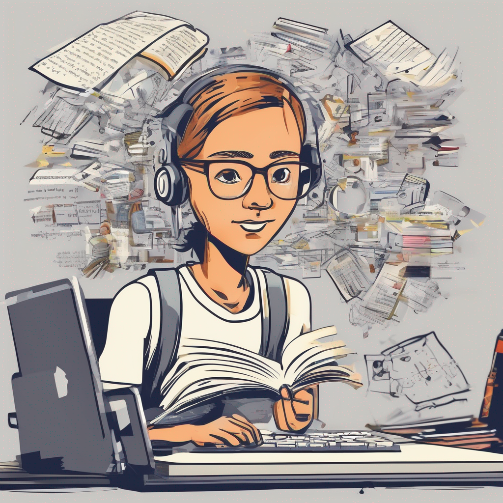 picture of a girl reading a book typing on a keyboard with papers behind her