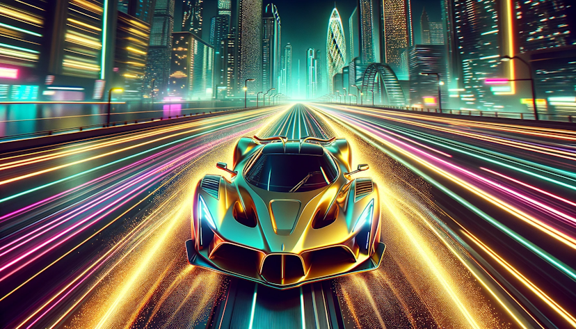 Illustration of a futuristic golden supercar speeding down a neon-lit city highway