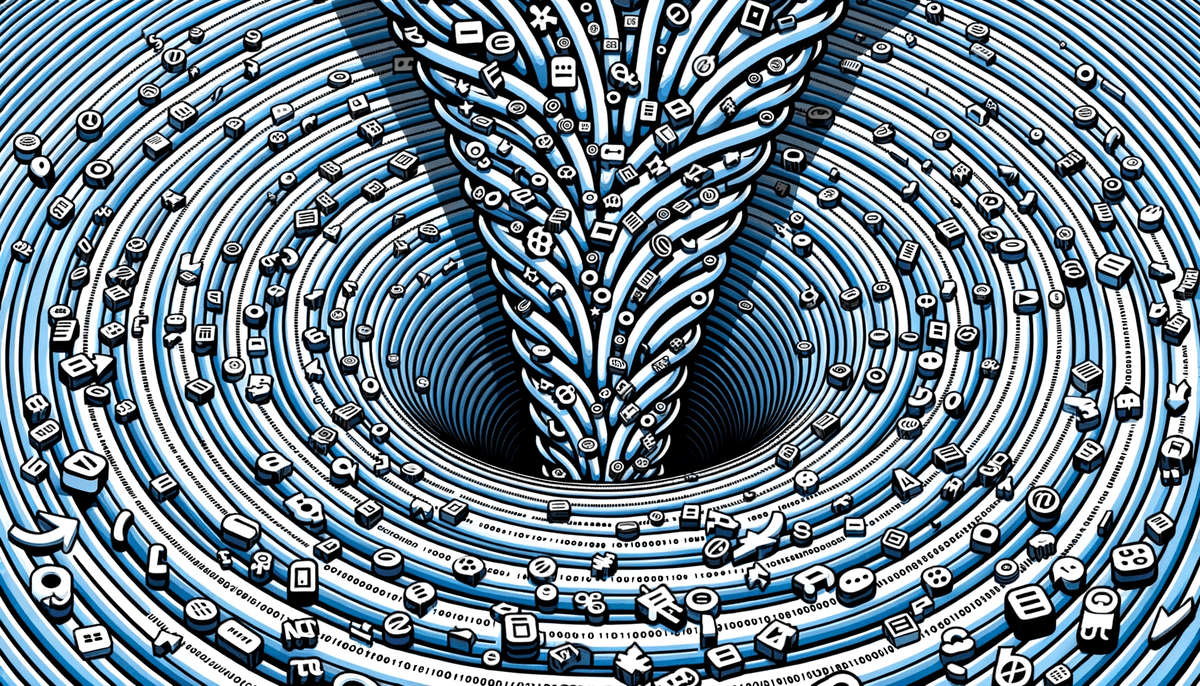 Vector graphic of a whirlpool with a stream of repetitive identical digital symbols being sucked in, emphasizing the vortex of overused keywords