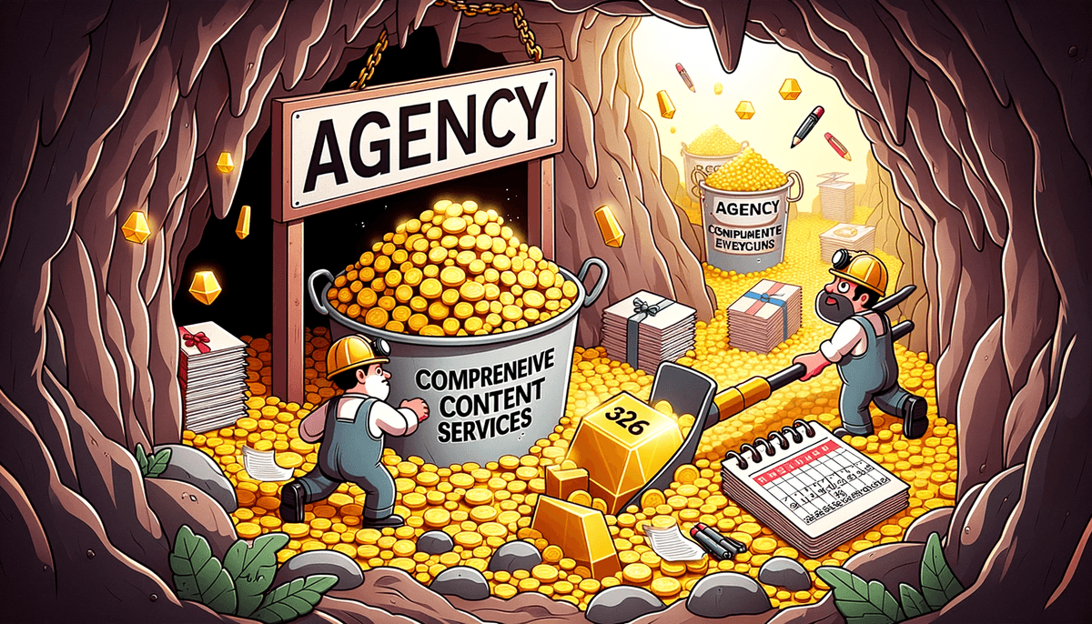 Cartoon of characters mining in a cave labeled 'Agency', unearthing golden nuggets shaped like pens, papers, and calendars, illustrating the goldmine
