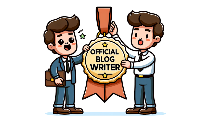 Cartoon of a writer character receiving a badge labeled 'Official Blog Writer', symbolizing hiring a blog writer