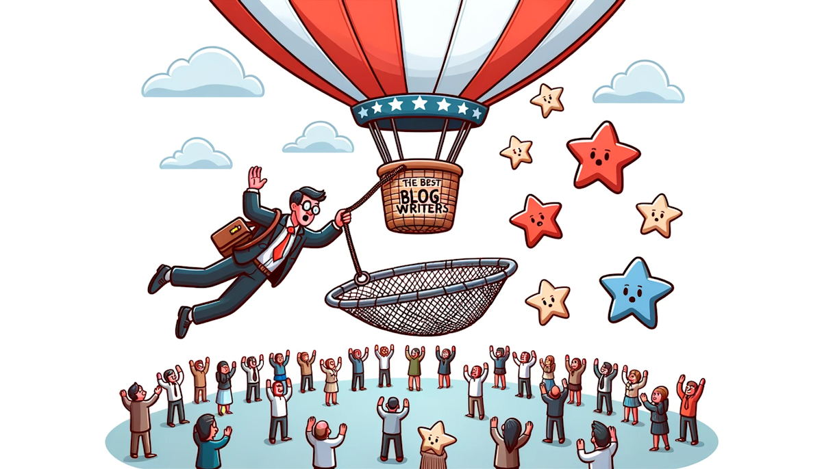Cartoon of a business owner in a hot air balloon, with a net to catch star-shaped writers from the sky, representing the pursuit of the best blog writers
