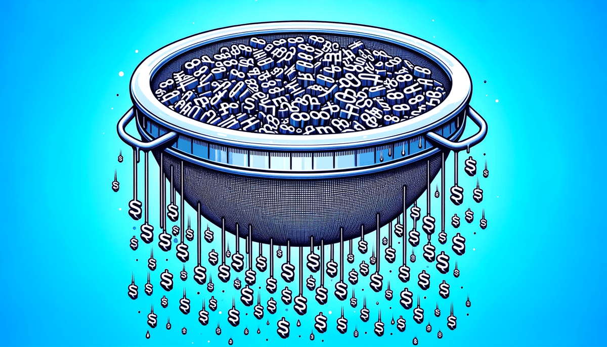 Illustration of a digital sieve with identical symbols dripping through, highlighting the saturation and overflow symbolic of keyword stuffing