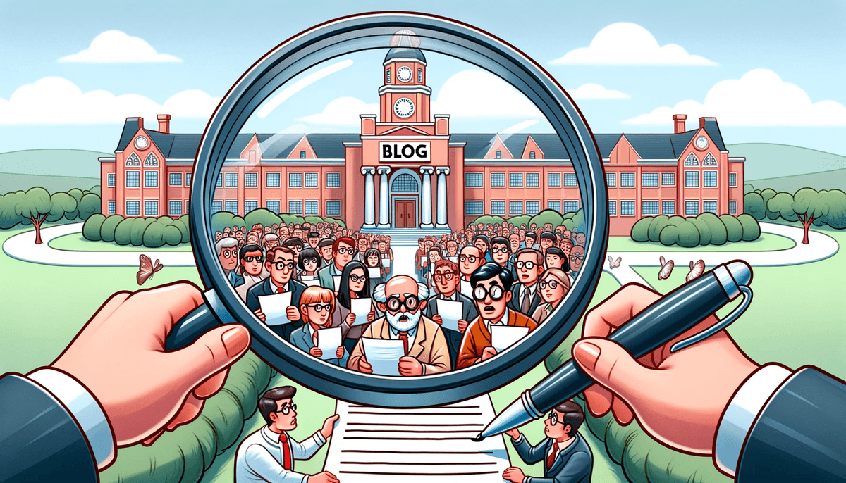 Cartoon of a magnifying glass over a university, focusing on professors and lecturers holding pens and papers, highlighting their potential