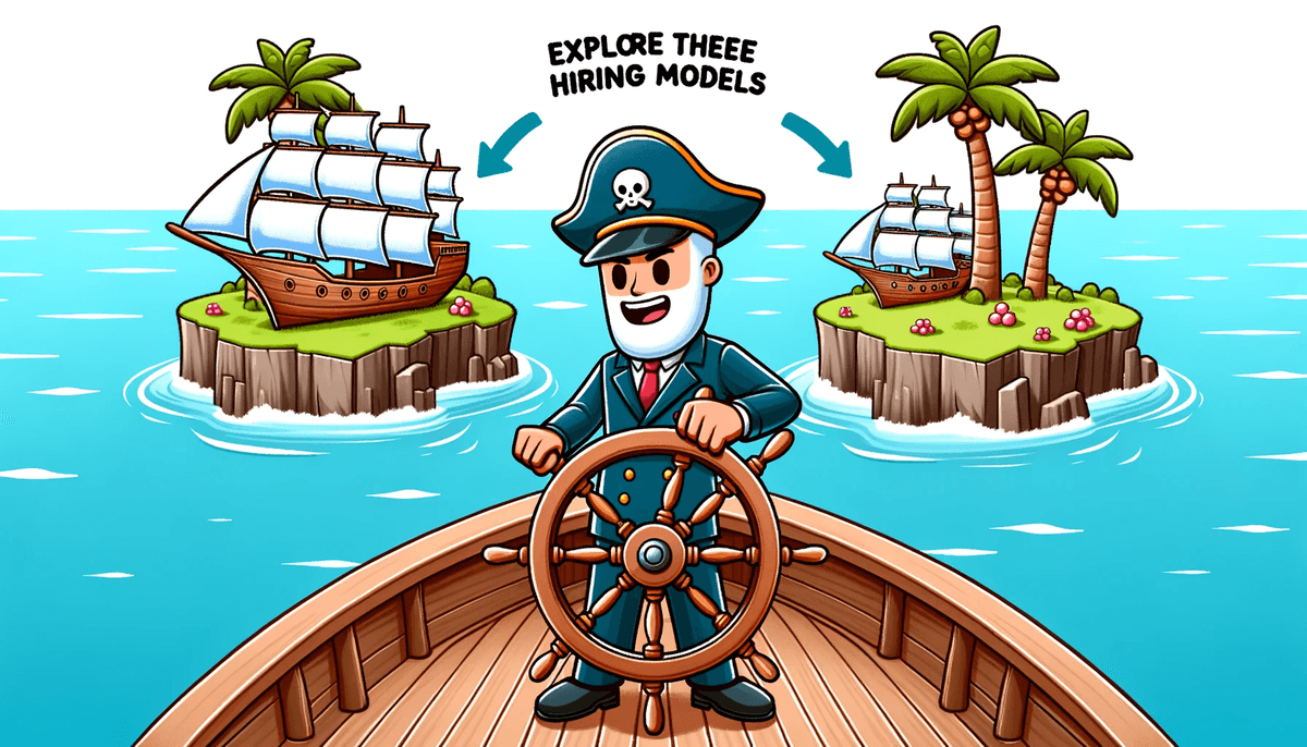 Cartoon of a ship's captain character, steering the wheel and setting sail towards three islands representing the distinct hiring models