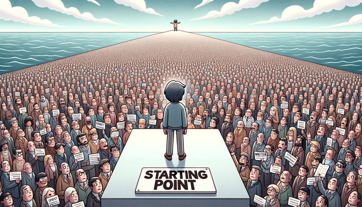 Cartoon of a character standing on a platform labeled 'Starting Point', looking ahead at a vast sea filled with writer avatars