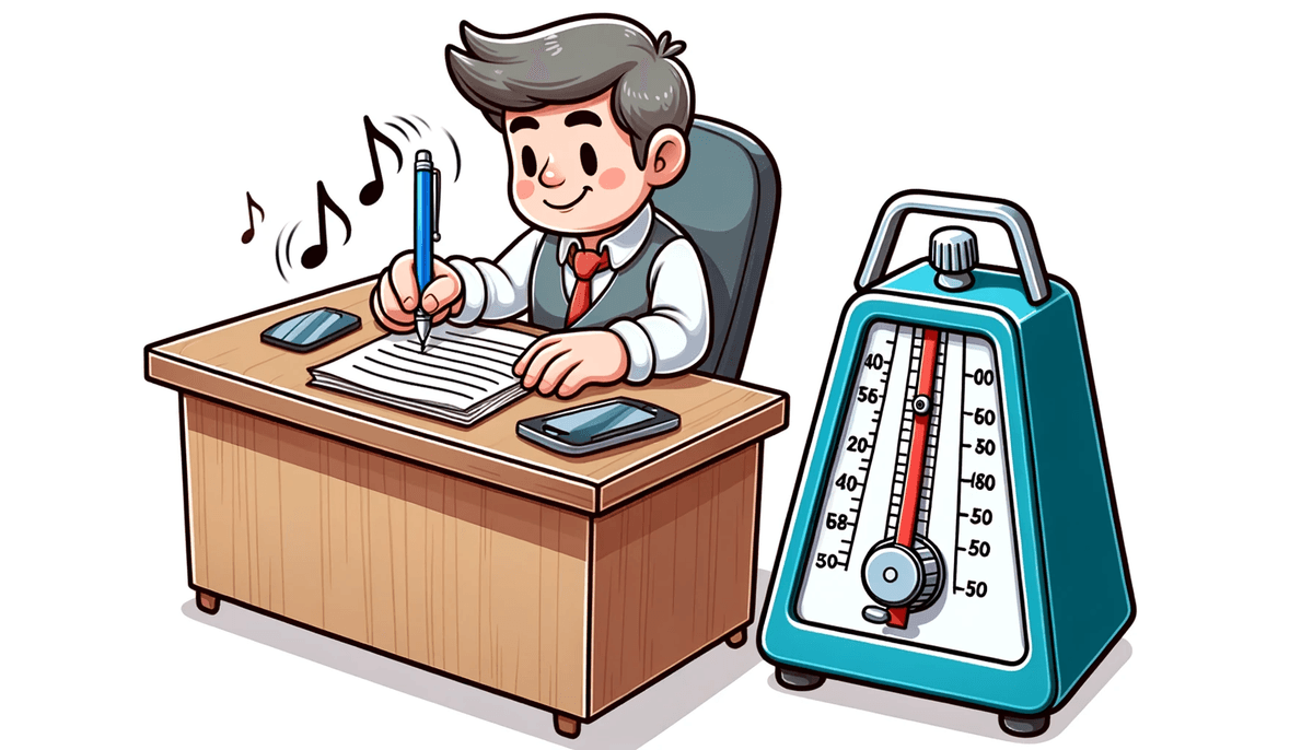 Cartoon of a writer sitting at a desk with a metronome ticking beside, guiding the pace of the pen strokes, representing a steady writing rhythm