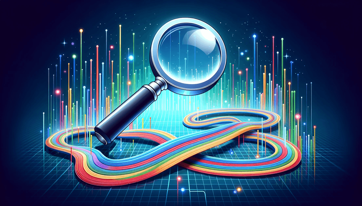 Illustration of a digital magnifying glass hovering over a digital landscape Beneath the lens, colorful trails extend in long winding patterns