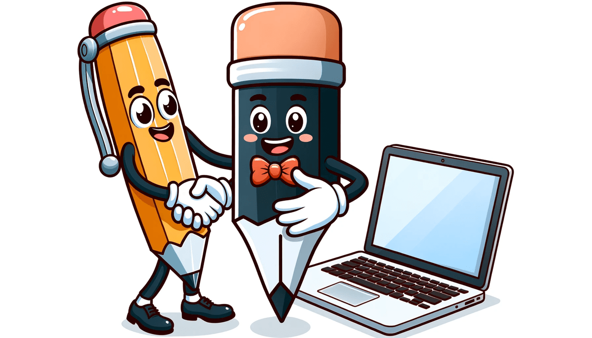 Cartoon of a giant pen shaking hands with a computer, depicting the collaboration between a blog writer and digital platforms