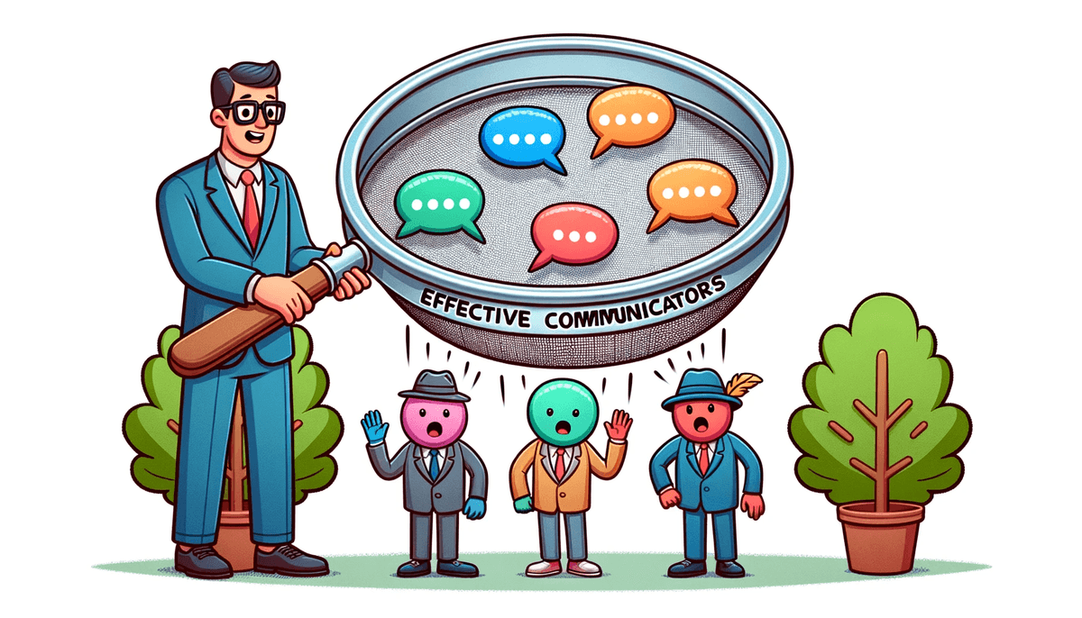 Cartoon of a hiring manager using a sieve, filtering out writer characters, with the ones staying on top displaying vibrant speech bubbles