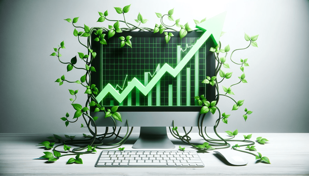 Photo of a computer screen displaying a rising graph with green upward arrows