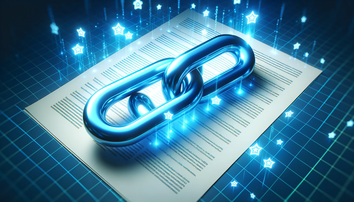 Illustration of a chain link glowing in a radiant blue hue, hovering above a digital document This represents the concept of anchor text as a linking