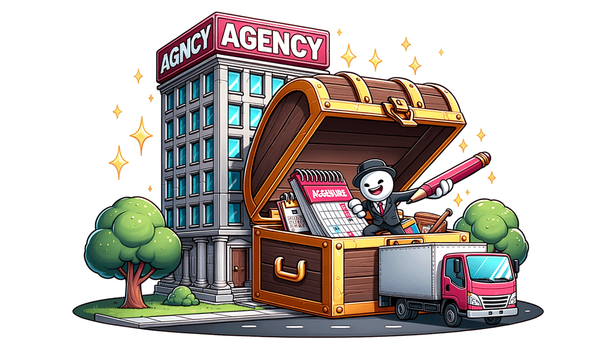 Cartoon of a character receiving a treasure chest from an agency building, with items like a calendar, pen, and distribution truck inside