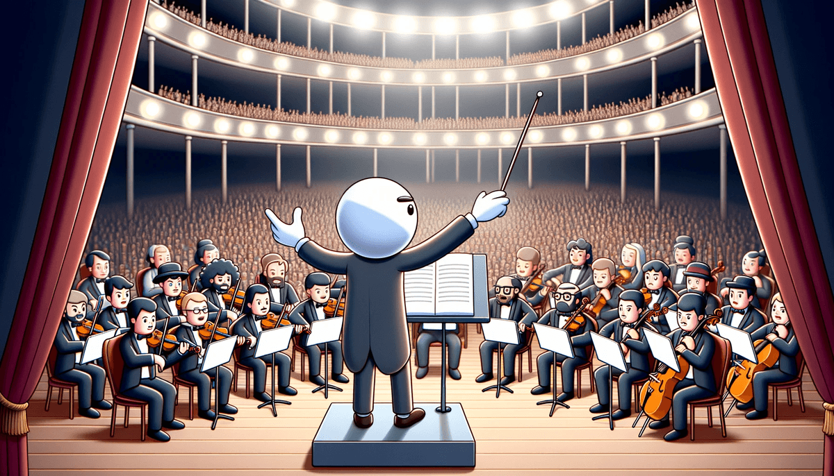 Cartoon of a conductor character on a digital stage, orchestrating a symphony with musicians representing writers from various backgrounds