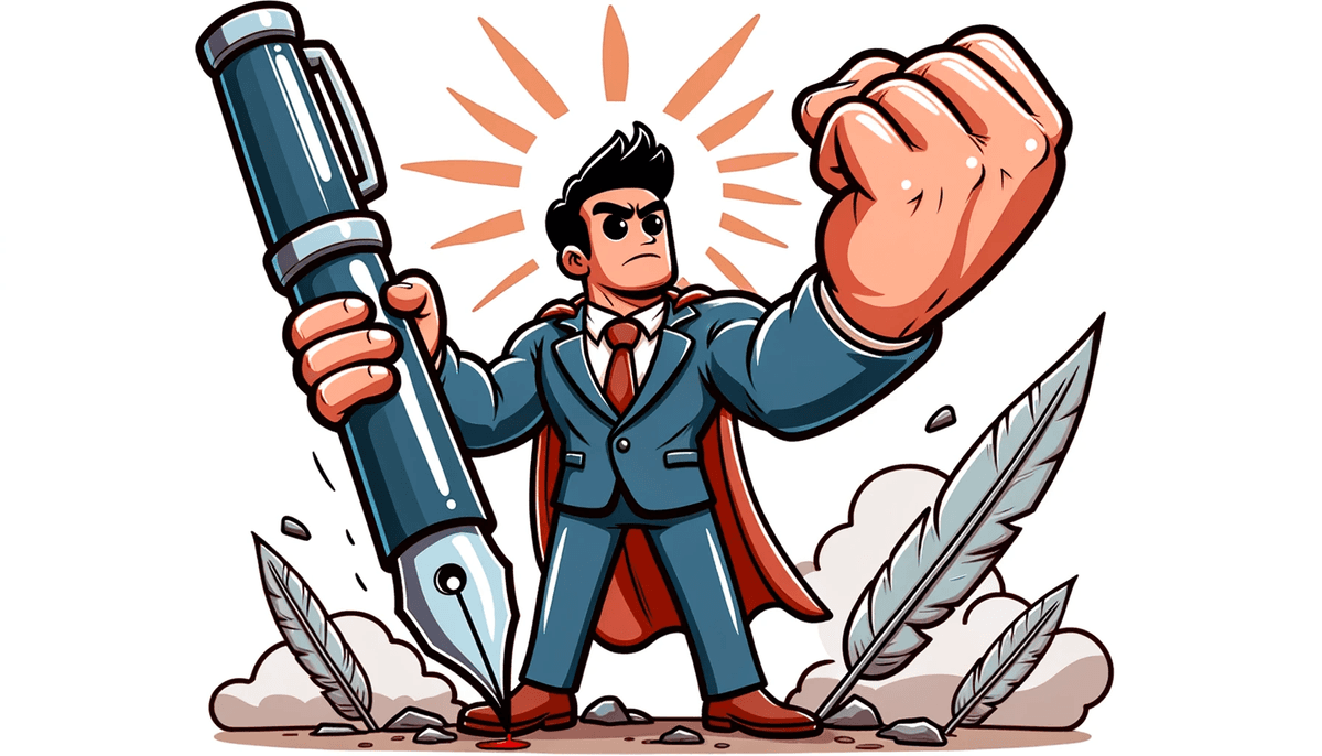 Cartoon of a character holding a pen that outshines a nearby sword, emphasizing the power of words over brute force, and showcasing the might of the pen