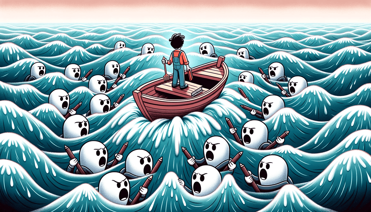 Cartoon of a character in a boat amidst turbulent waters, with writer figures trying to get onboard