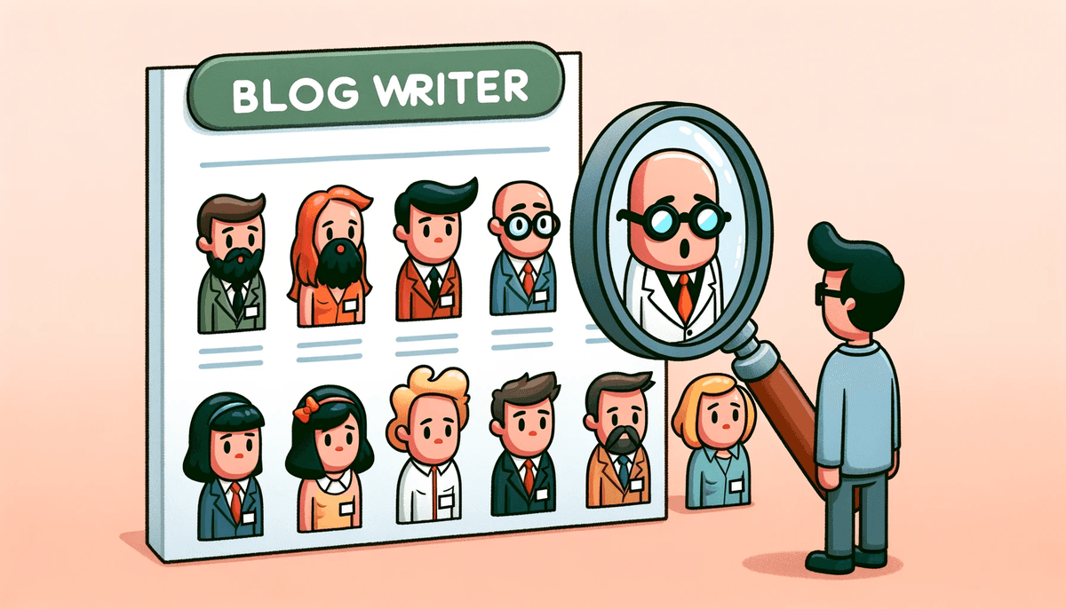 Cartoon of a character with a magnifying glass, examining a line-up of diverse writer avatars, symbolizing the selection process