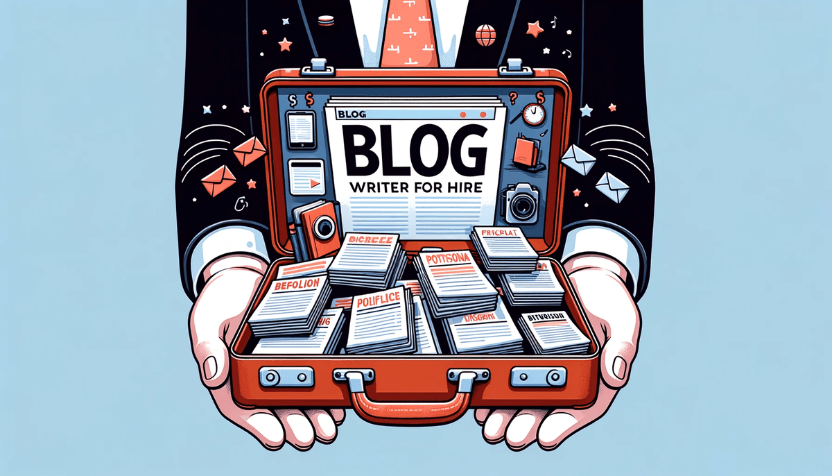 Illustration of a digital briefcase filled with blog articles, emphasizing the portfolio of a potential blog writer for hire