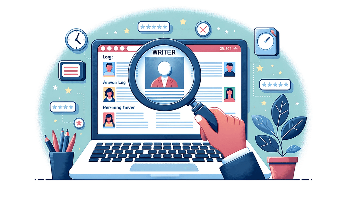 Illustration of a magnifying glass hovering over a laptop screen displaying different writer profiles