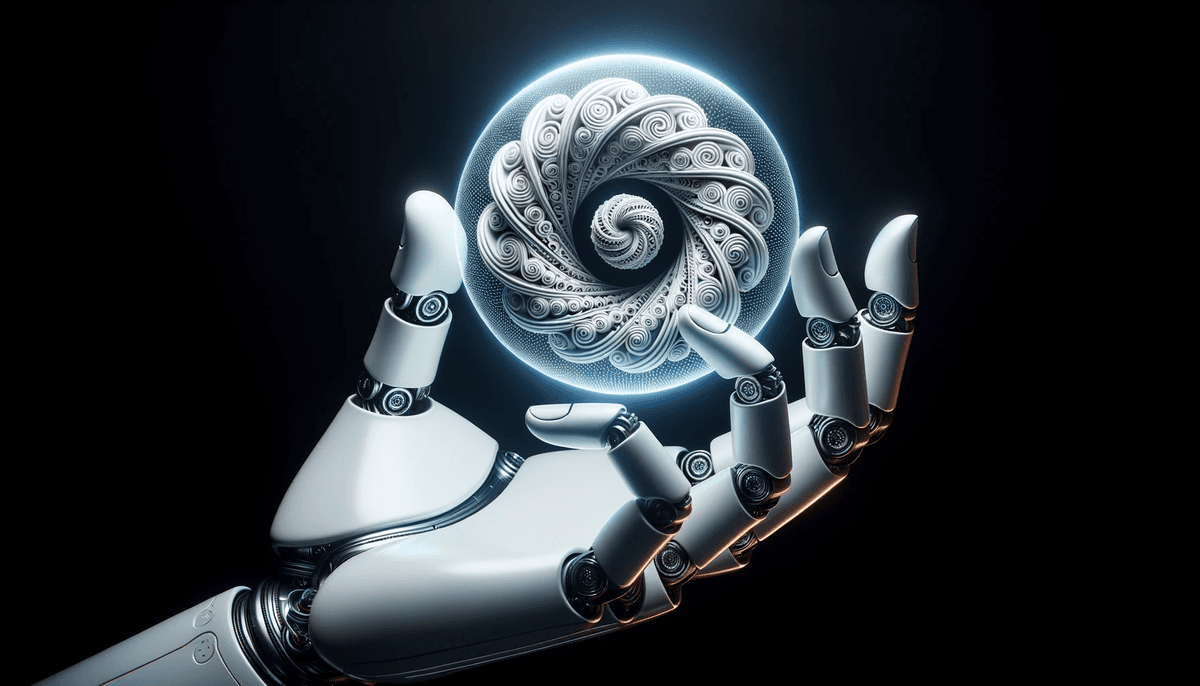 Photo of a robotic hand, detailed and precise, holding a glowing orb Inside the orb, swirling patterns come together to form a structured design