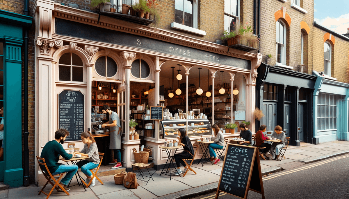 Photo of a charming local cafe with outdoor seating The facade has vintage brickwork, and a chalkboard menu stands by the entrance Patrons of variou