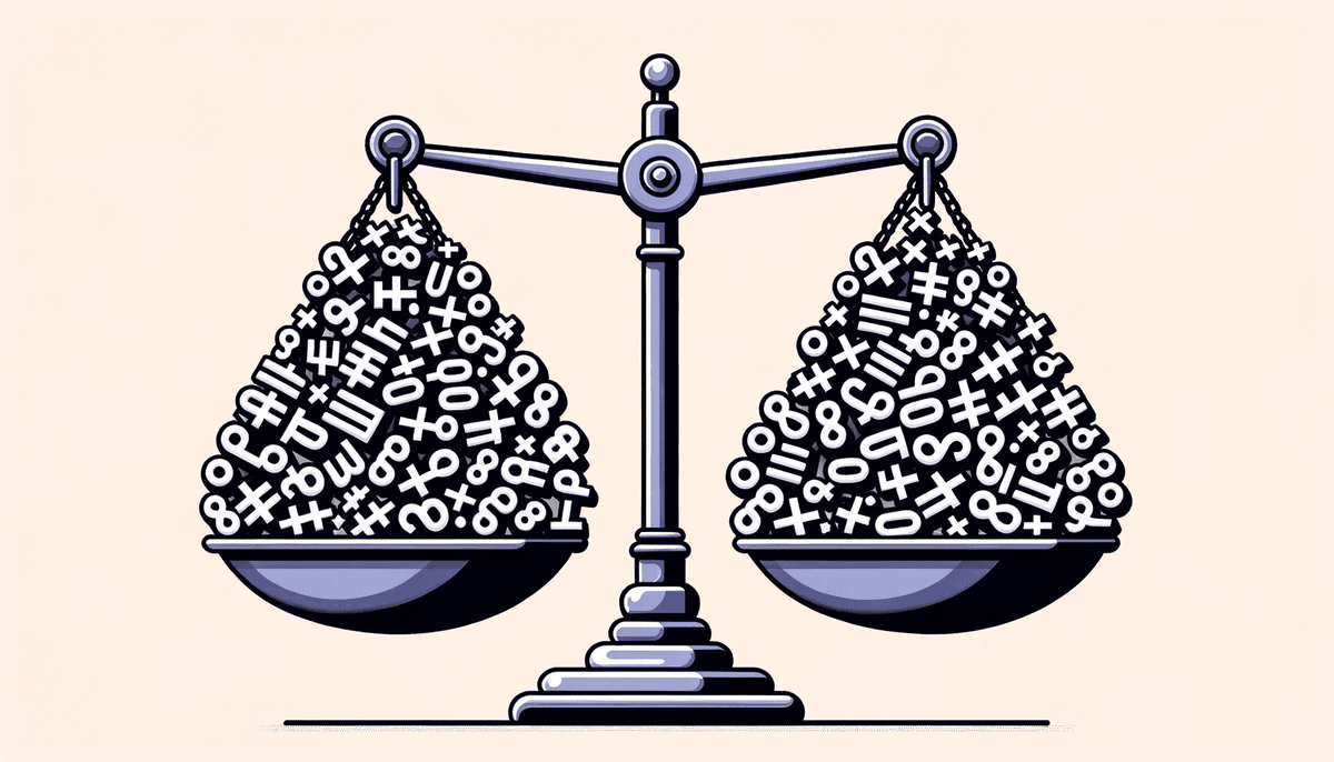 Vector graphic of a digital scale tipping under the weight of numerous identical symbols, illustrating the imbalance caused by keyword stuffing
