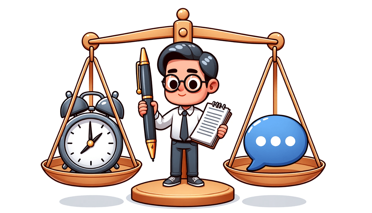 Cartoon of a character weighing a writer's pen and a communication icon on a balance scale, showcasing the equal significance of writing skills