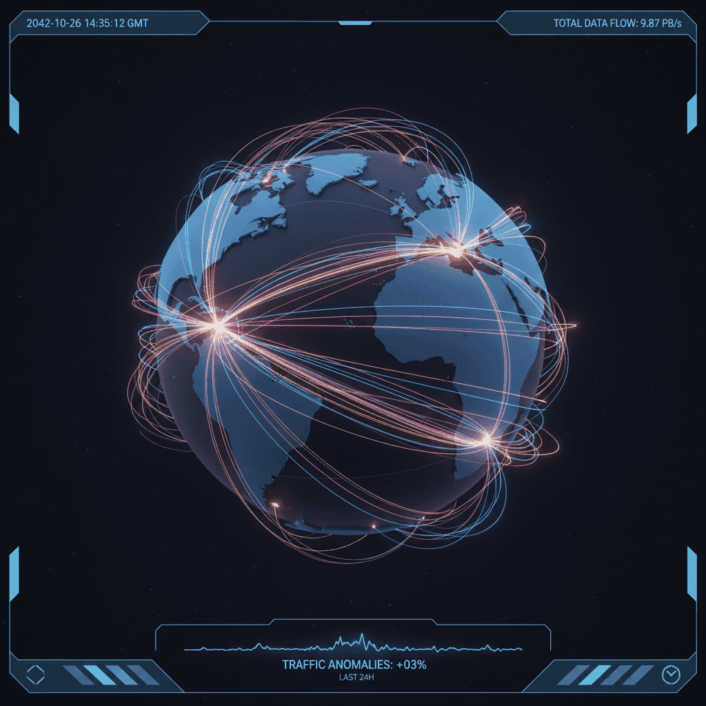 3D data-visualization style abstract: global network traffic represented as glowing semi-transparent