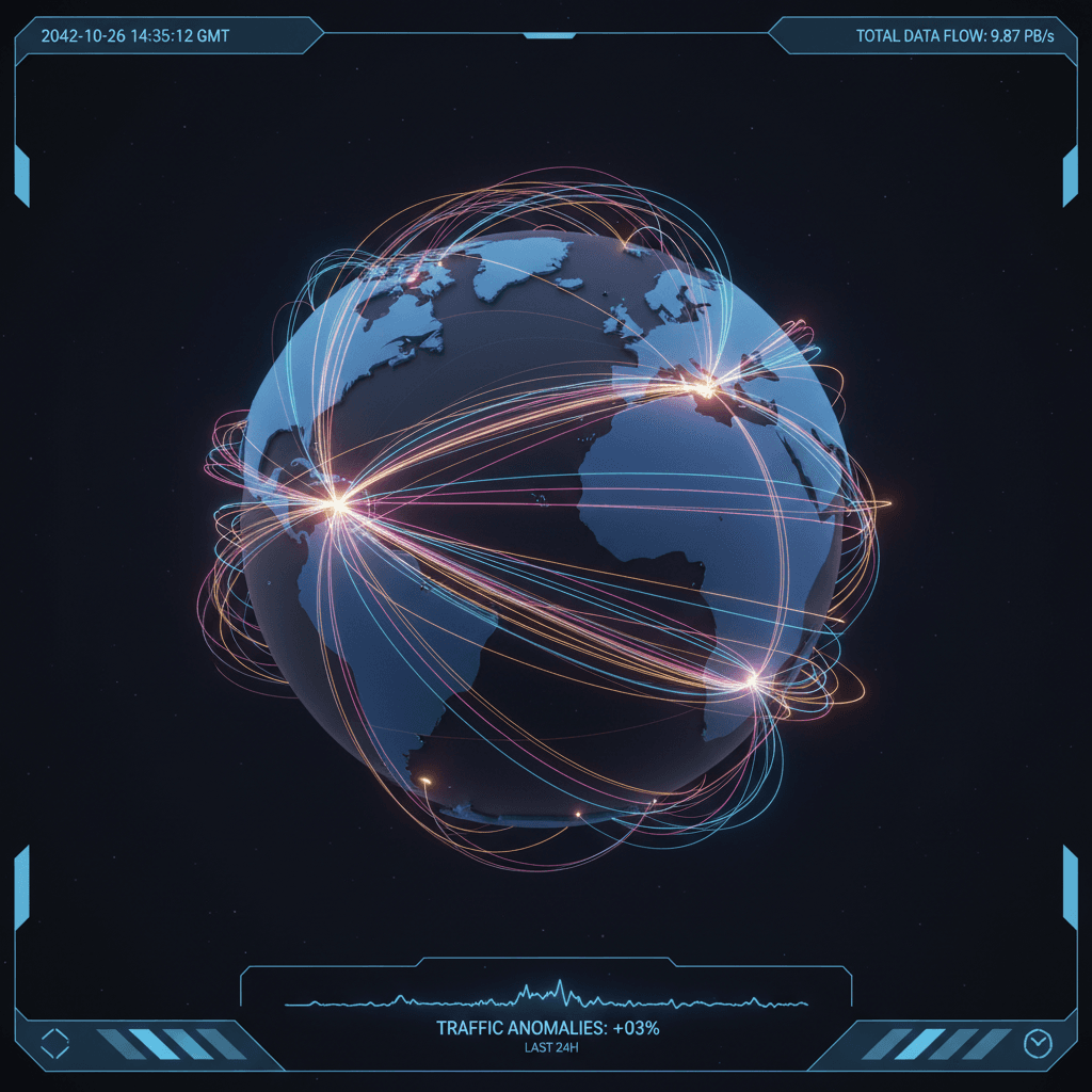 3D data-visualization style abstract: global network traffic represented as glowing semi-transparent