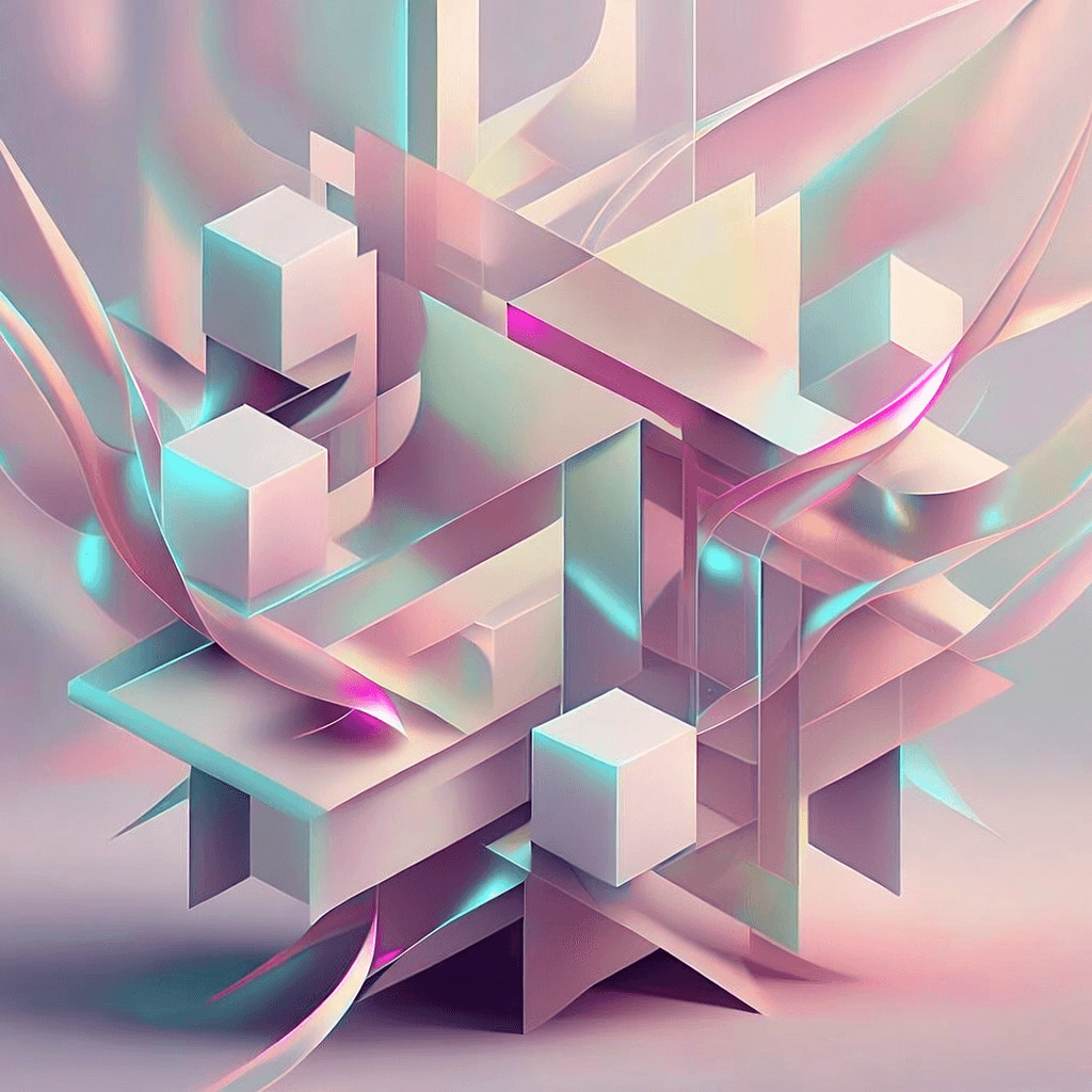 Abstract digital artwork composed of intersecting geometric planes and translucent gradients, pastel