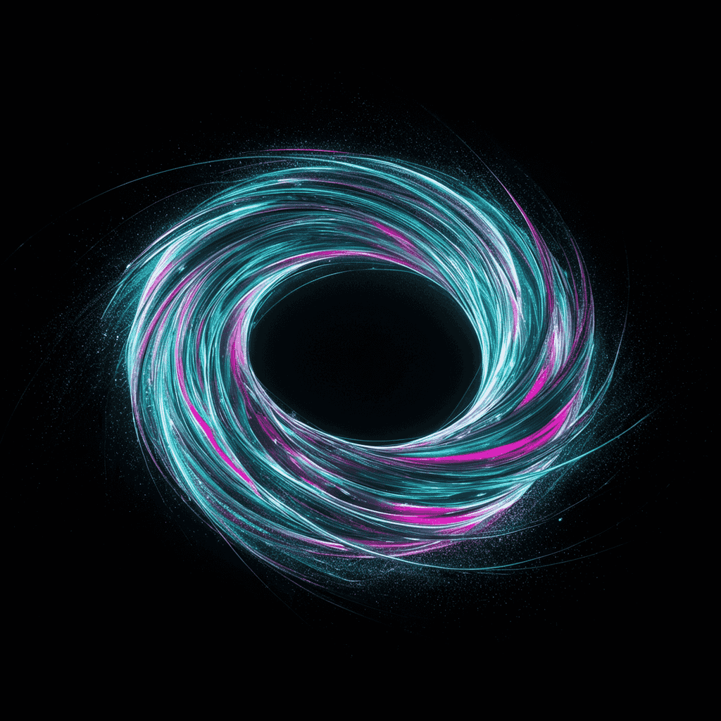 Abstract digital artwork of swirling iridescent ribbons forming a torus above a dark void, neon cyan
