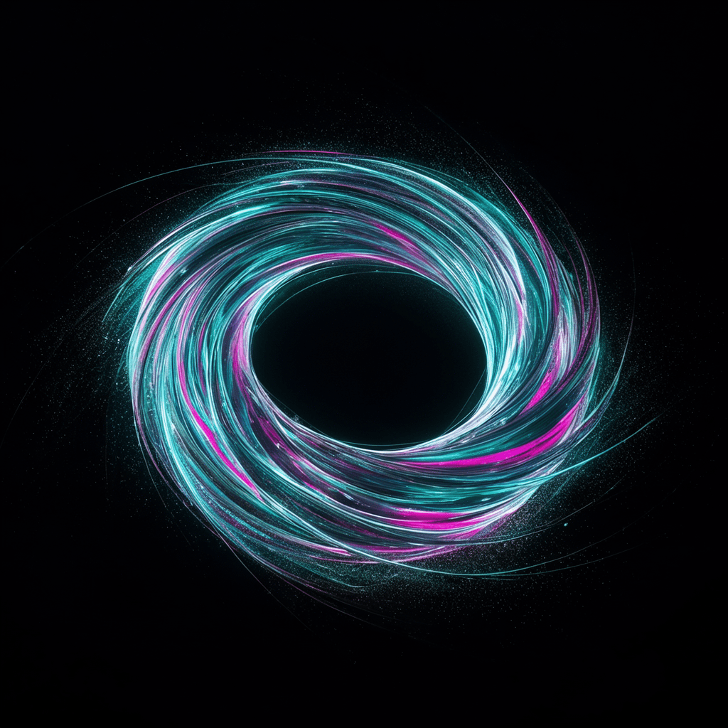 Abstract digital artwork of swirling iridescent ribbons forming a torus above a dark void, neon cyan