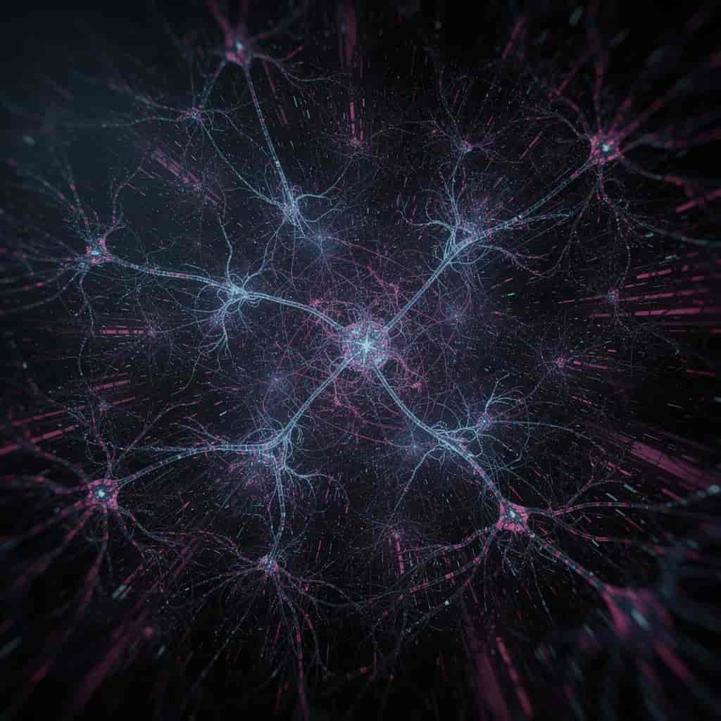 Abstract digital painting visualizing neural networks as glowing filamentary structures in dark spac