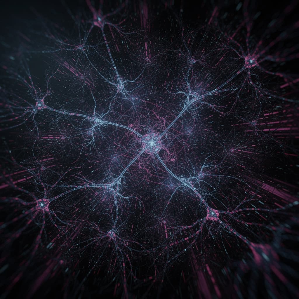 Abstract digital painting visualizing neural networks as glowing filamentary structures in dark spac