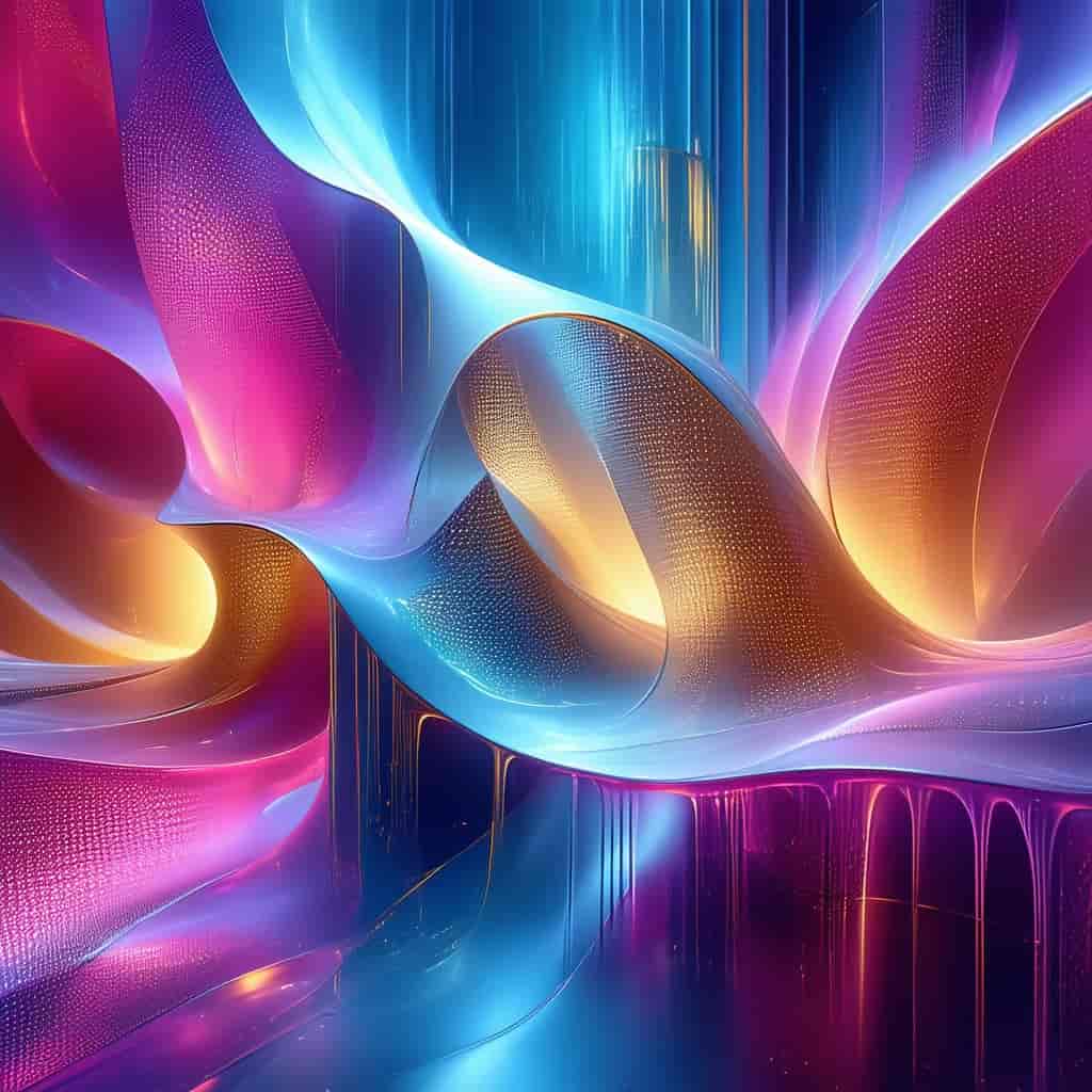 Abstract generative art of flowing neon color fields—cyan, magenta and gold—forming fractal ribbons
