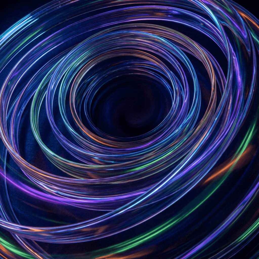 Abstract generative artwork: concentric ribbons of translucent neon color spiraling into a dark void